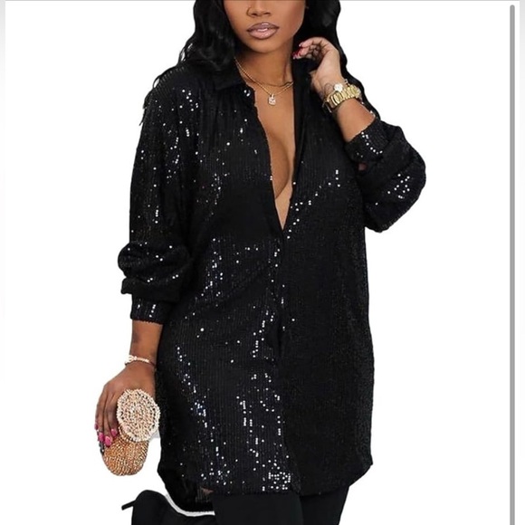 Sequin Button Down Shirt Dress with Long Sleeves NWOT - Picture 3 of 5